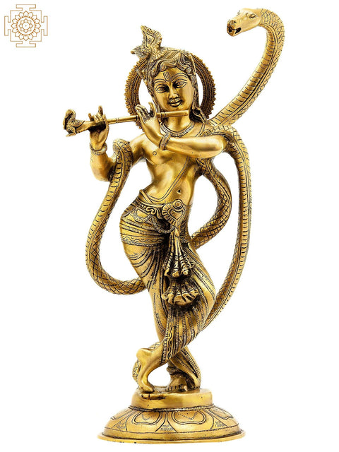 15" Shri Krishna and Kaliya In Brass | Handmade | Made In India
