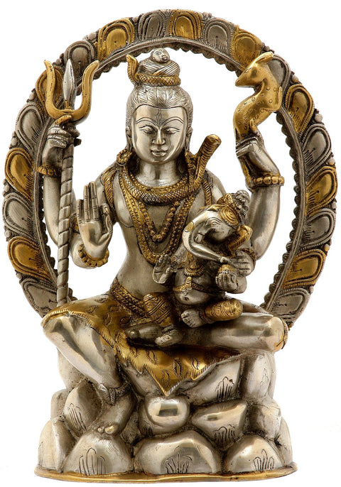 12" Lord Shiva Seated on Mount Kailash with Baby Ganesha In Brass | Handmade | Made In India