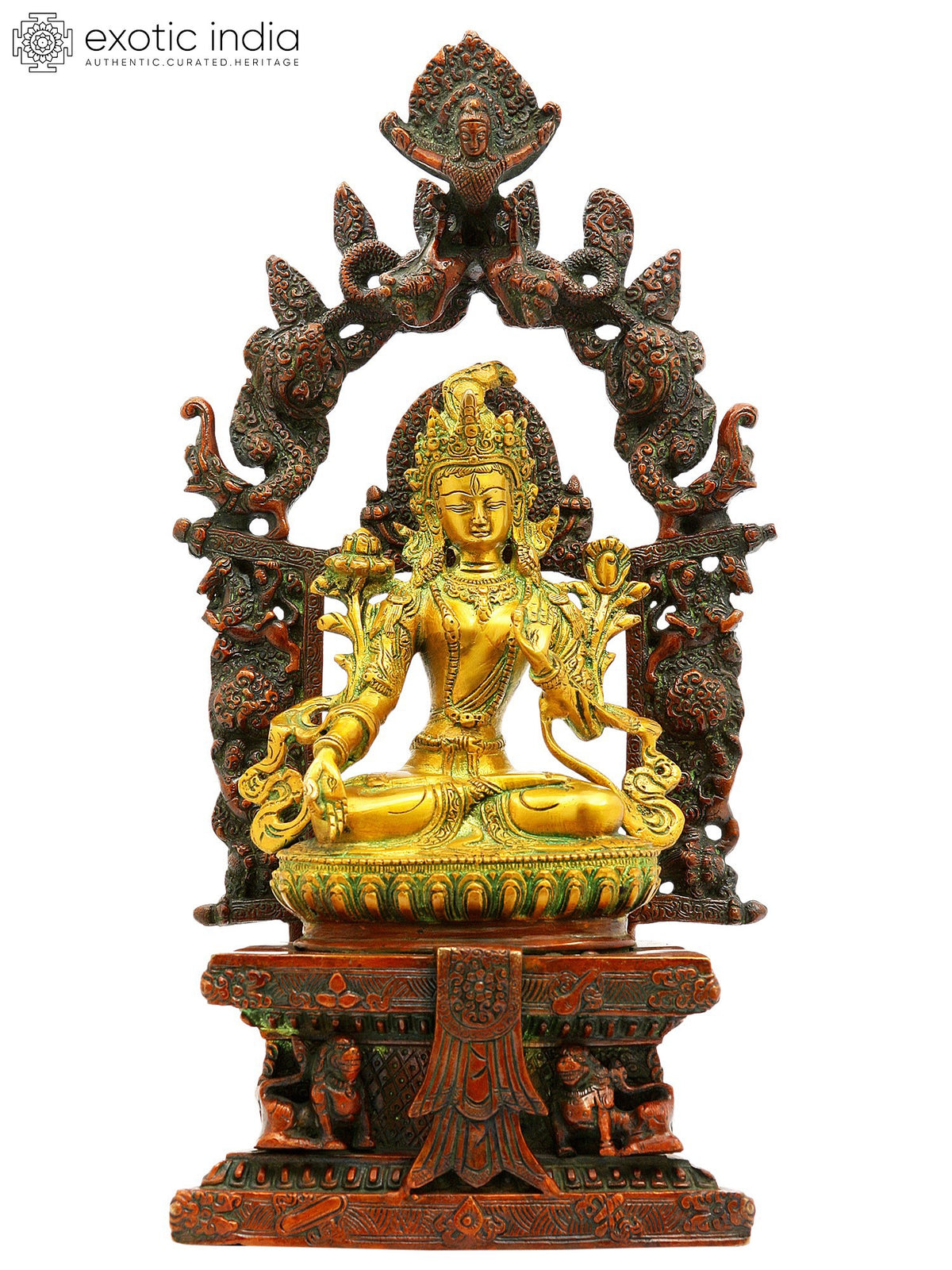 16" Tibetan Buddhist Goddess White Tara Seated on Six-Ornament Throne of Enlightenment In Brass | Handmade | Made In India