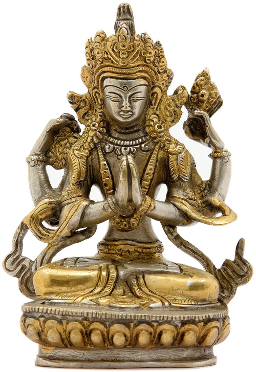 5" Handmade Chenrezig Brass Statue - Tibetan Buddhist Deity