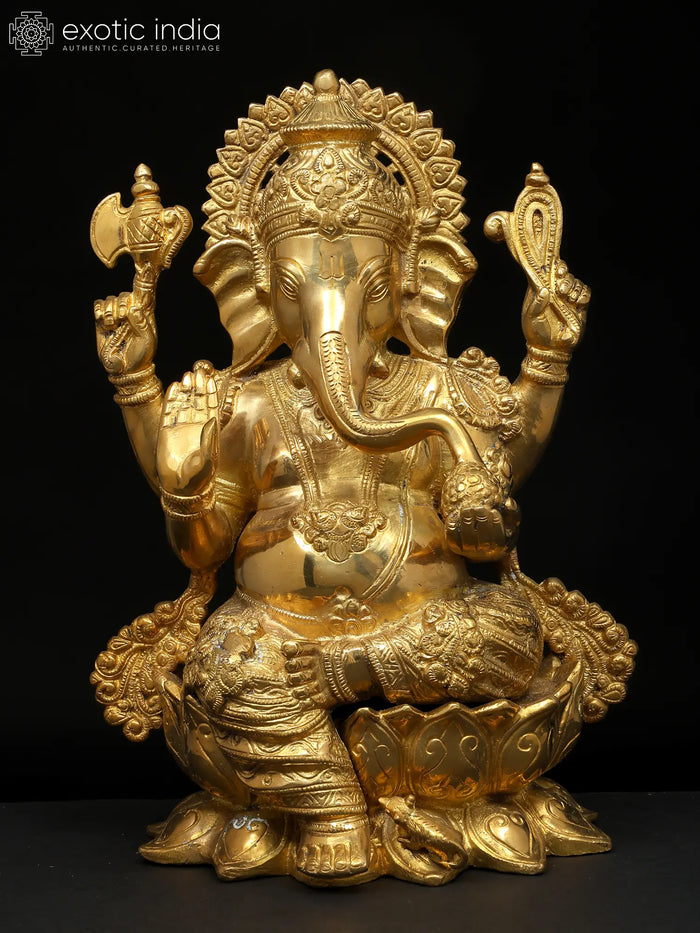 12" Brass Chaturbhuja Ganesha Handcrafted Idol for Pooja
