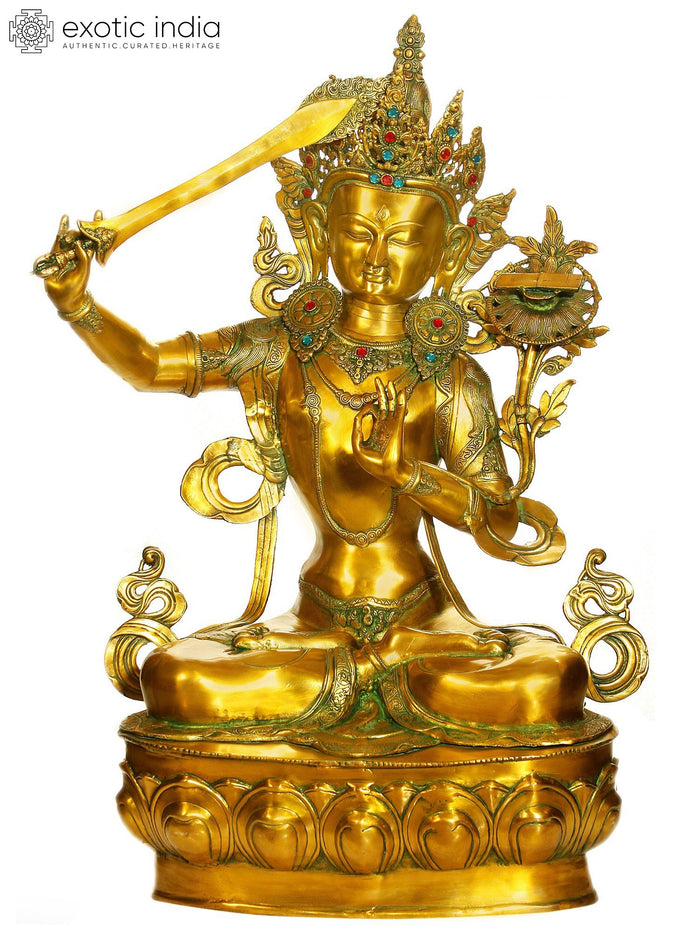 39" Buddhist Deity Large Manjushri Brass Statue | Handmade Buddhist Idol