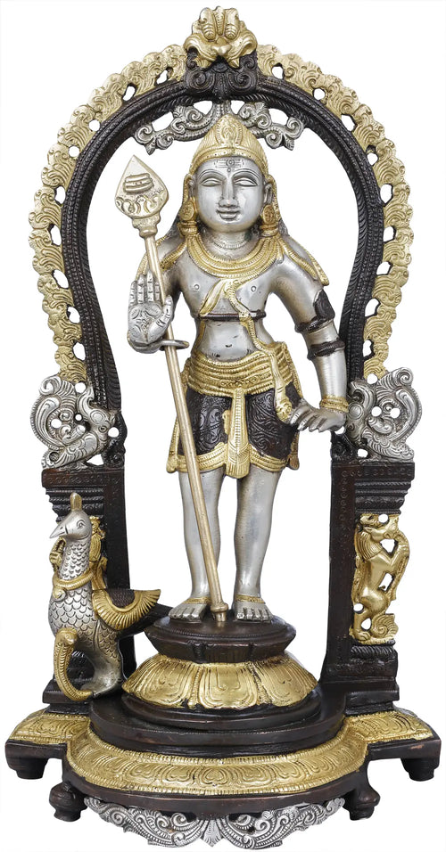 14" Standing Lord Kartikeya Brass Statue with Spear Handmade