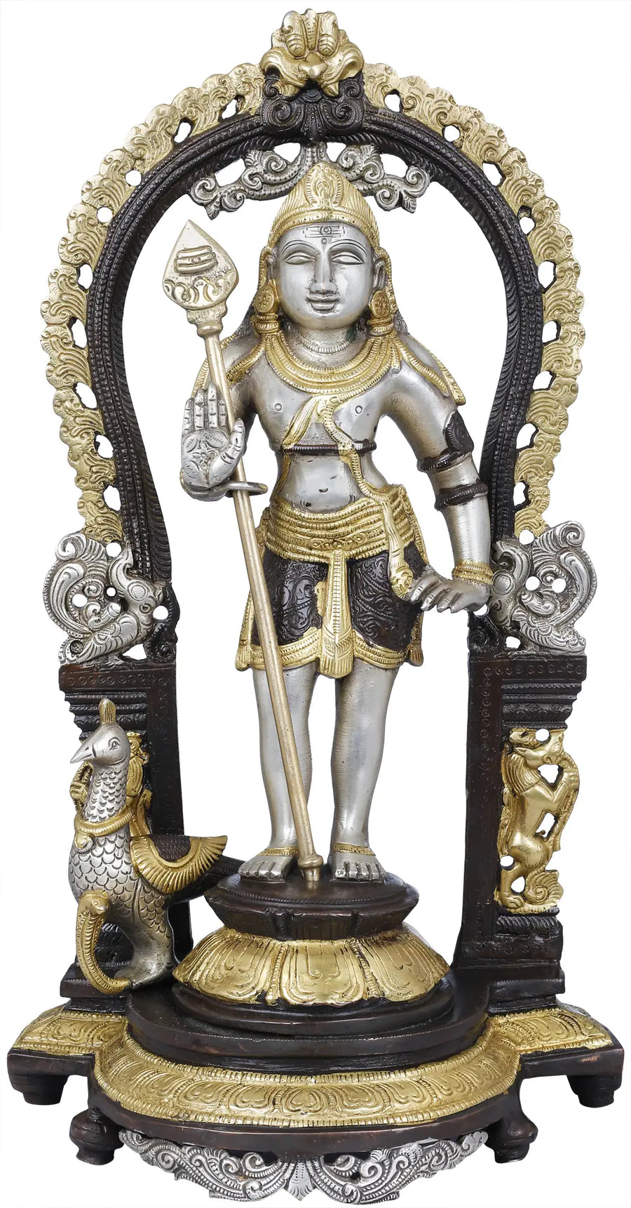 14" Standing Lord Kartikeya Brass Statue with Spear Handmade