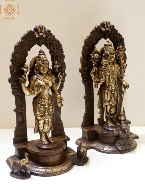 9" Lord Vishnu and Lakshmi Ji with Floral Aureole | Handmade Brass Statue | Made in India