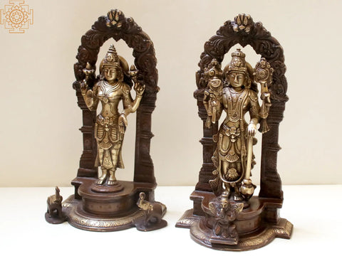 9" Lord Vishnu and Lakshmi Ji with Floral Aureole | Handmade Brass Statue | Made in India