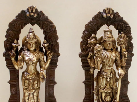 9" Lord Vishnu and Lakshmi Ji with Floral Aureole | Handmade Brass Statue | Made in India