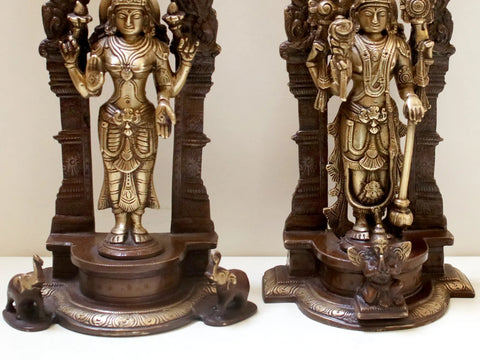 9" Lord Vishnu and Lakshmi Ji with Floral Aureole | Handmade Brass Statue | Made in India