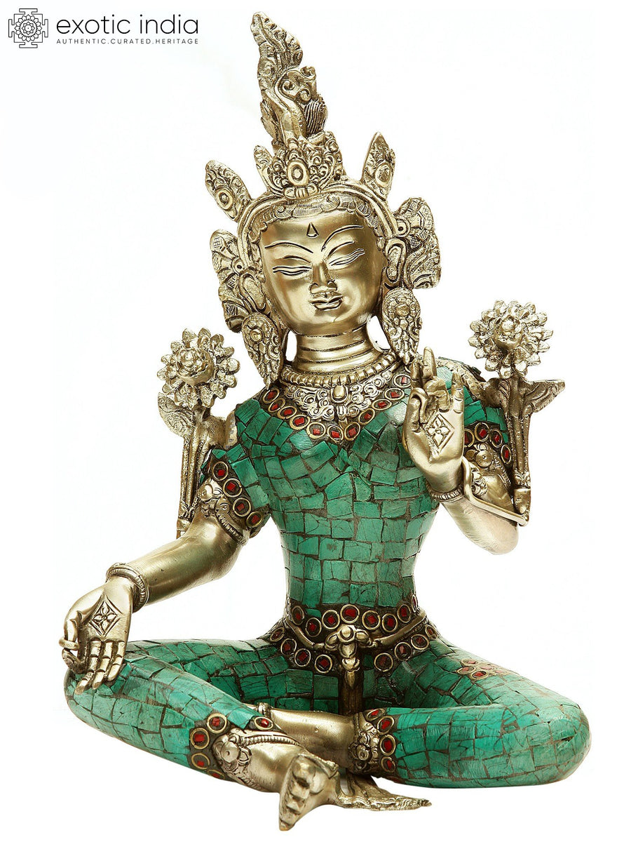 11" Green Tara Brass Statue Handmade Tibetan Buddhist Goddess