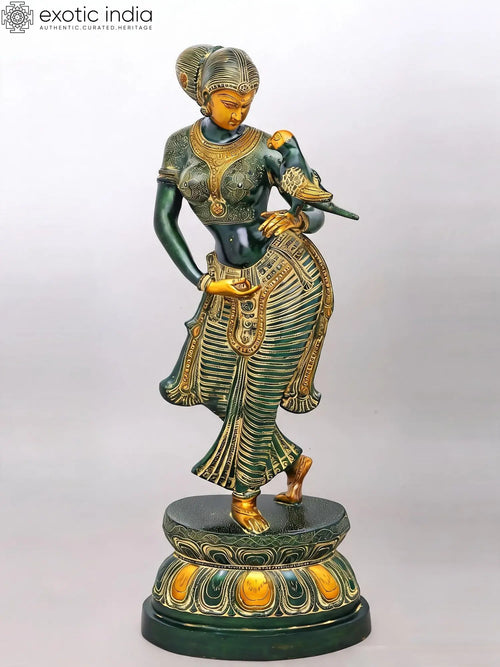 36" Handmade Lady with Parrot Brass Statue