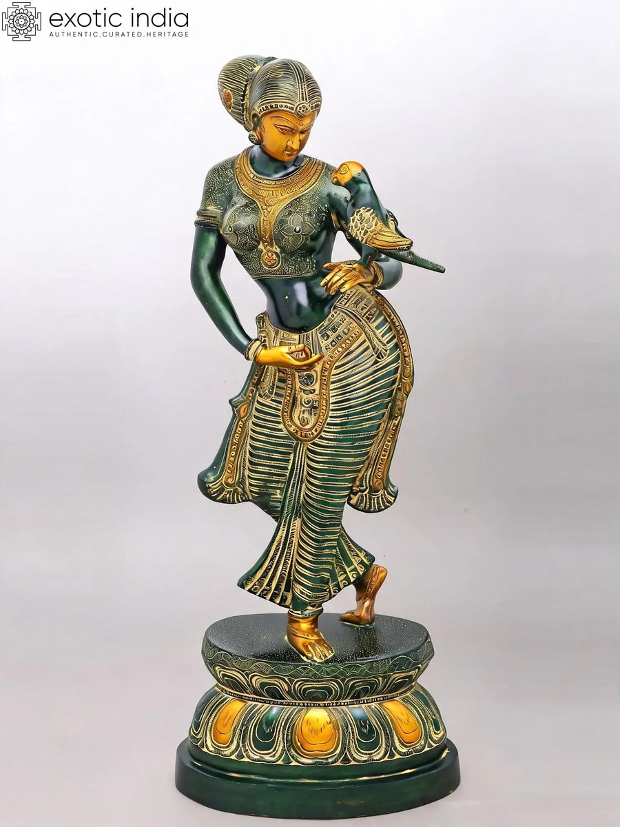 36" Handmade Lady with Parrot Brass Statue