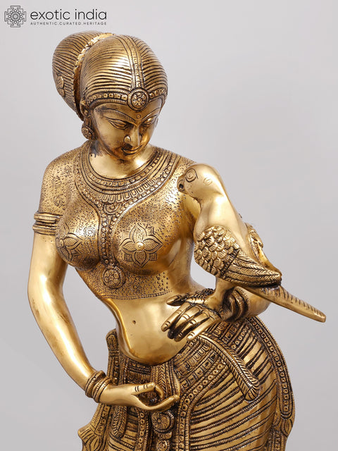 36" Large Size Apsara with the Parrot In Brass | Handmade | Made In India