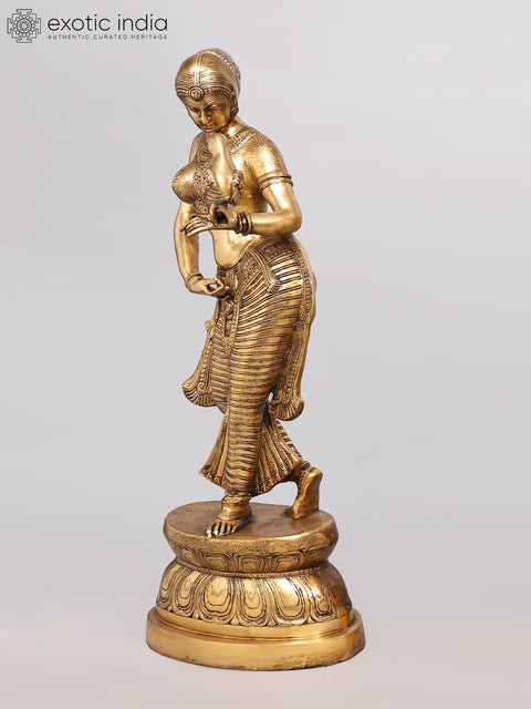 36" Large Size Apsara with the Parrot In Brass | Handmade | Made In India