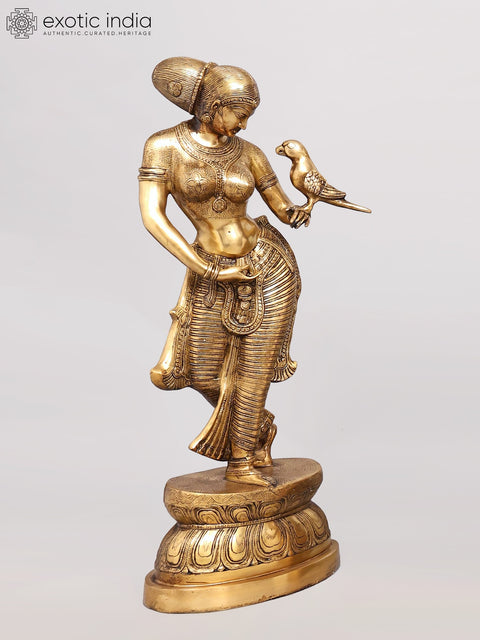 36" Large Size Apsara with the Parrot In Brass | Handmade | Made In India