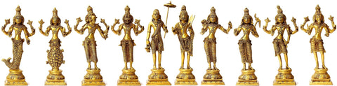 9" Dashavatara Brass Statues - Ten Incarnations of Lord Vishnu | Handmade | Made in India