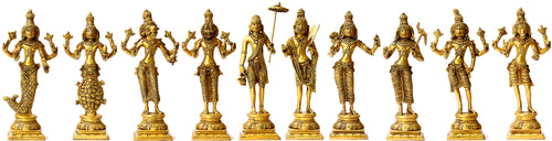9" Dashavatara Brass Statue Set - Ten Incarnations of Vishnu Handmade