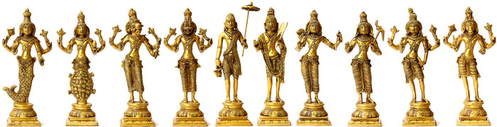 9" Dashavatara Brass Statue Set - Ten Incarnations of Vishnu Handmade