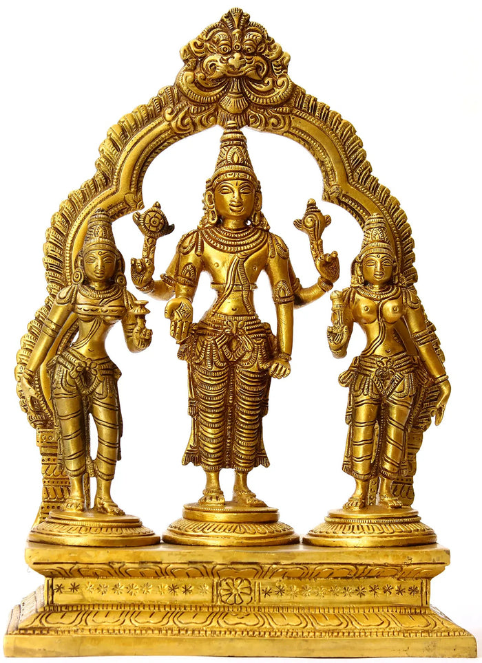 10" Handmade Brass Lord Vishnu with Shridevi and Bhudevi Statue