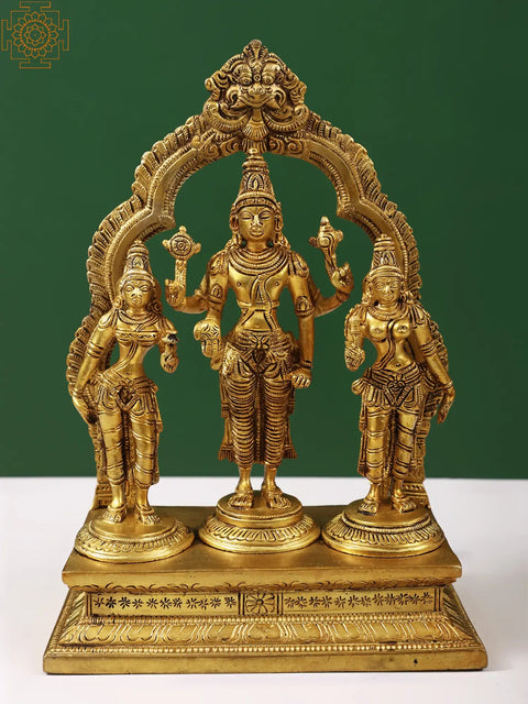 10" Lord Vishnu with Shridevi and Bhudevi in Brass | Handcrafted In India