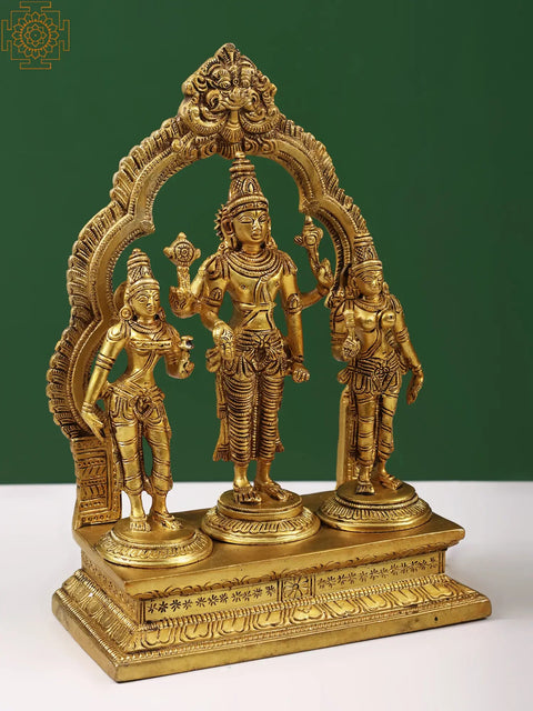 10" Lord Vishnu with Shridevi and Bhudevi in Brass | Handcrafted In India