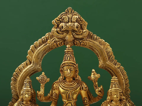 10" Lord Vishnu with Shridevi and Bhudevi in Brass | Handcrafted In India