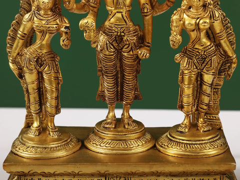10" Lord Vishnu with Shridevi and Bhudevi in Brass | Handcrafted In India