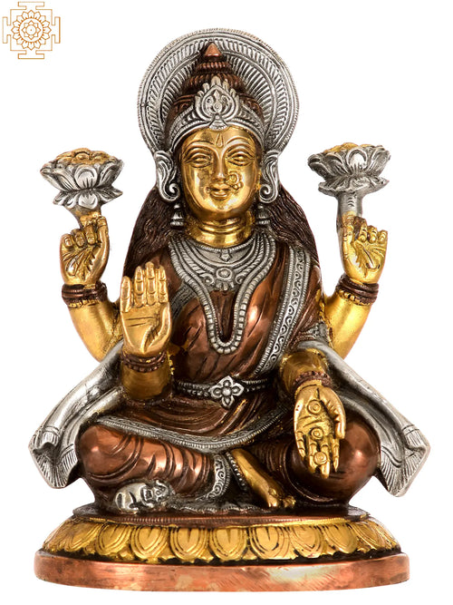 8" Brass Goddess Lakshmi Statue Holding Lotuses Handmade