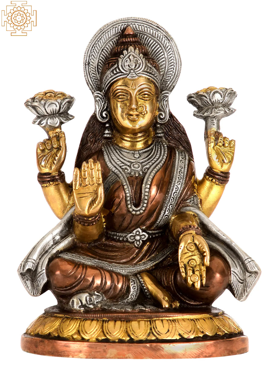 8" Brass Goddess Lakshmi Statue Holding Lotuses Handmade