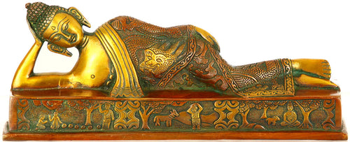 11" Handmade Parinirvana Buddha Brass Statue