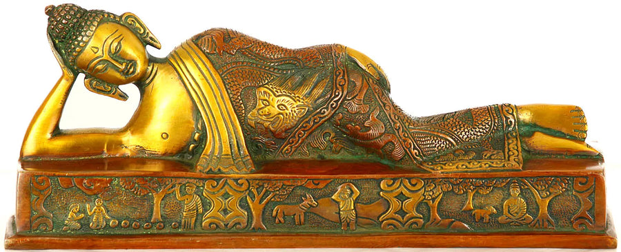 11" Handmade Parinirvana Buddha Brass Statue