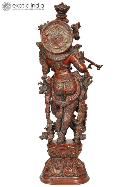 29" Large Brass Krishna Idol Playing Flute – Handmade Indian Sculpture for Your Home