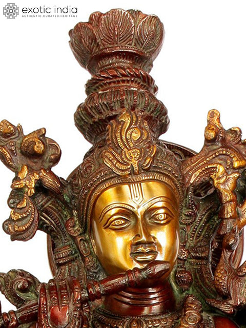 29" Large Brass Krishna Idol Playing Flute – Handmade Indian Sculpture for Your Home