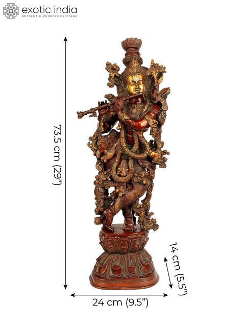 29" Large Brass Krishna Idol Playing Flute Ð Handmade Indian Sculpture for Your Home
