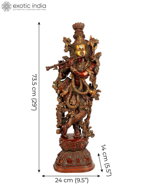 29" Large Brass Krishna Idol Playing Flute – Handmade Indian Sculpture for Your Home