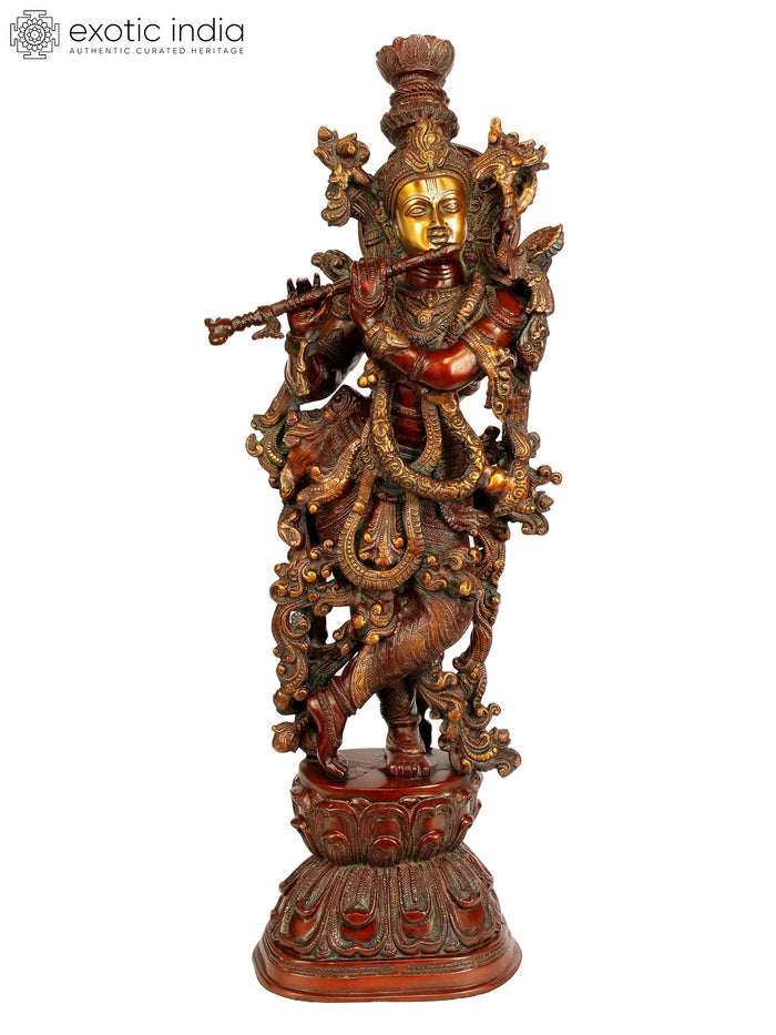 29" Large Brass Krishna Idol Playing Flute – Handmade Indian Sculpture for Your Home