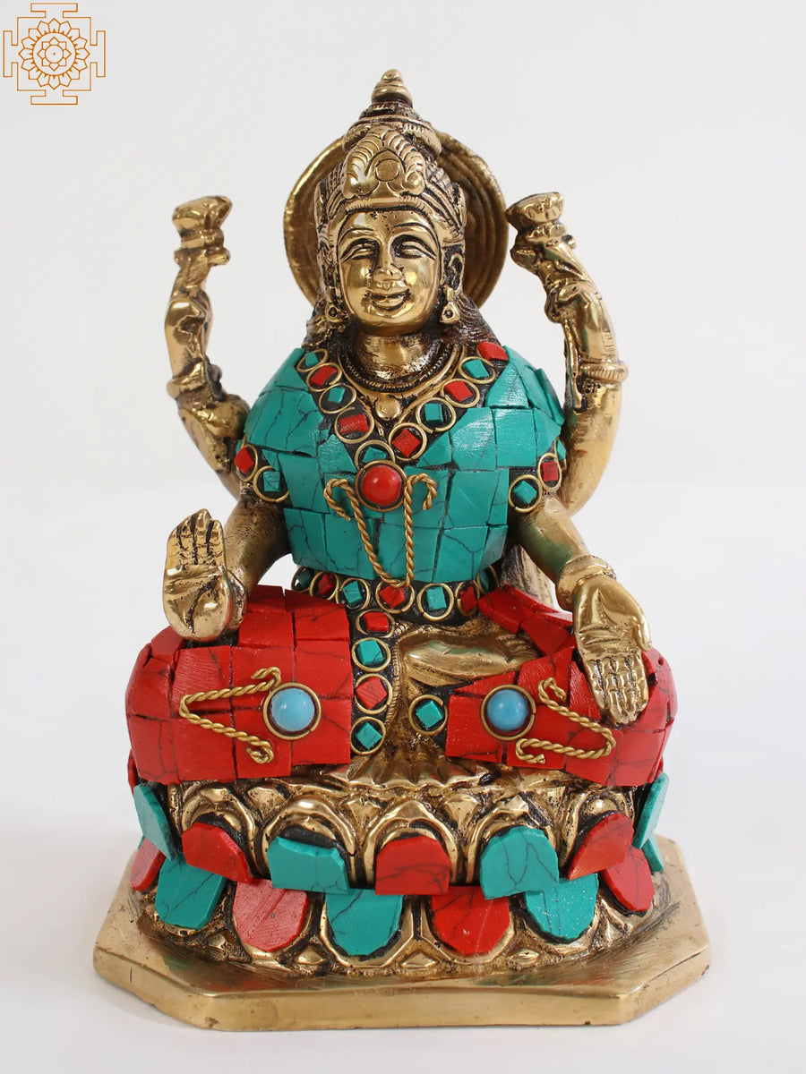 5" Goddess Lakshmi Seated on Lotus Brass Idol for Pooja