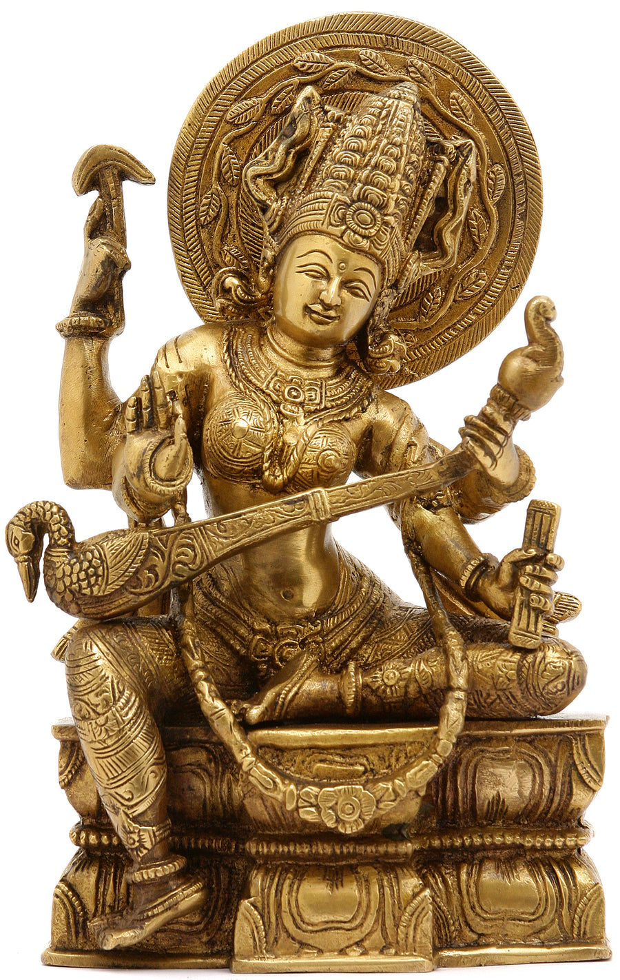 11" Handmade Goddess Saraswati Brass Statue for Pooja