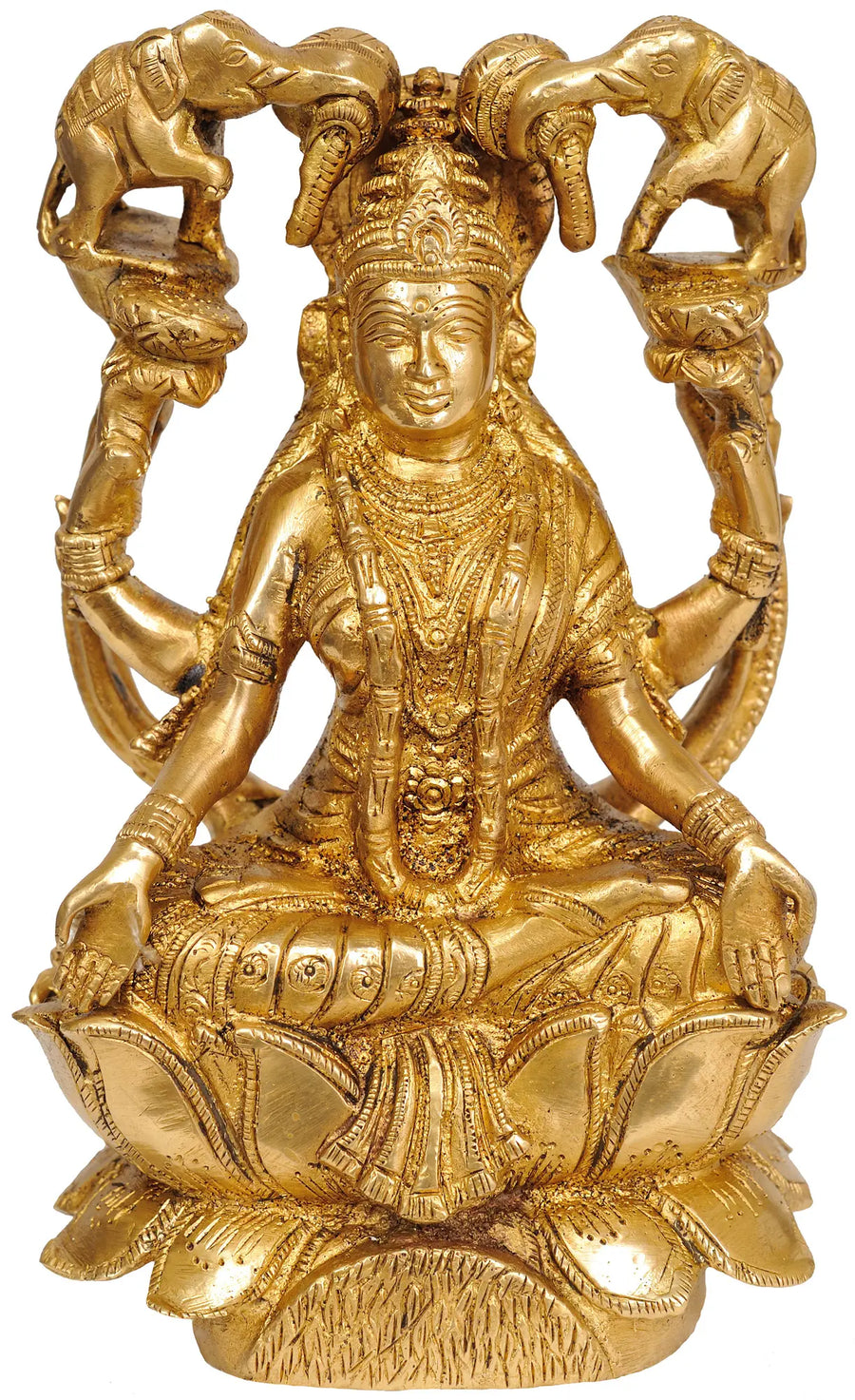 7" Brass Goddess Lakshmi Idol with Elephants Handmade