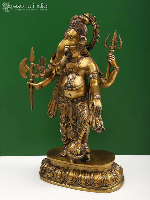 19" Lord Ganesha Imparting Absolute Freedom from Fear | Handcrafted Brass Statue