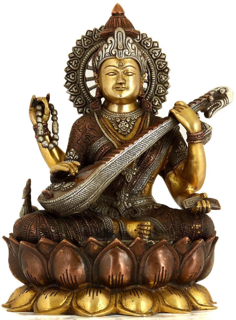 11" Saraswati Goddess Brass Statue with Copper and Silver Hues