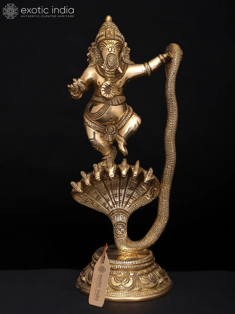 12" Lord Ganesha Dancing on Serpent Brass Statue Handmade