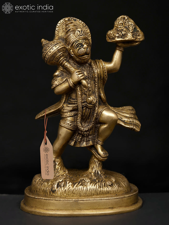 7" Hanuman Carrying Sanjeevani Mountain Brass Statue