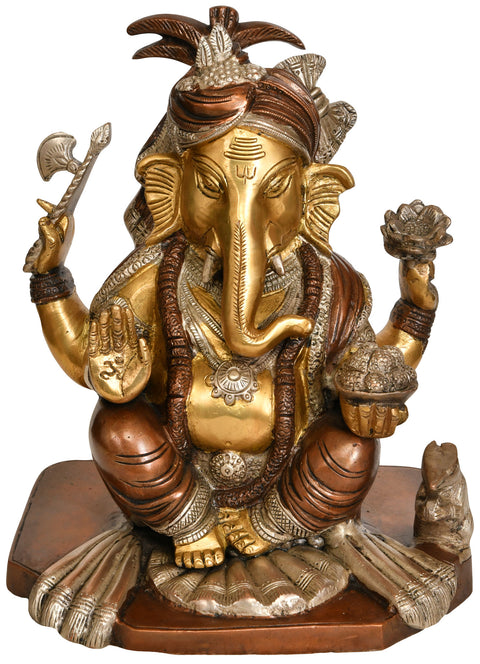 8" Turbaned Ganesha Brass Idol | Handmade Brass Statue