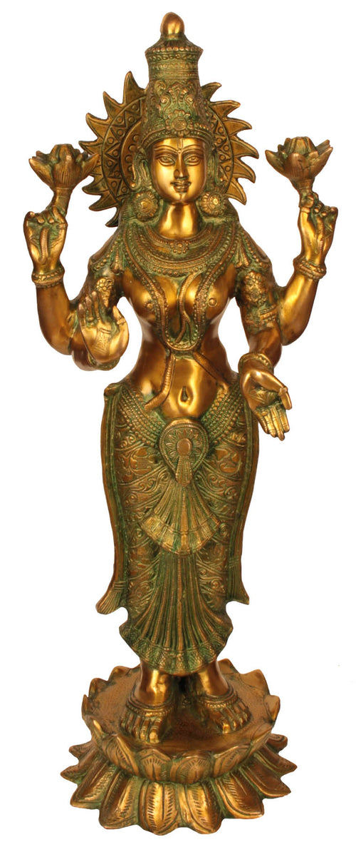31" Four-Armed Goddess Lakshmi Handmade Brass Idol