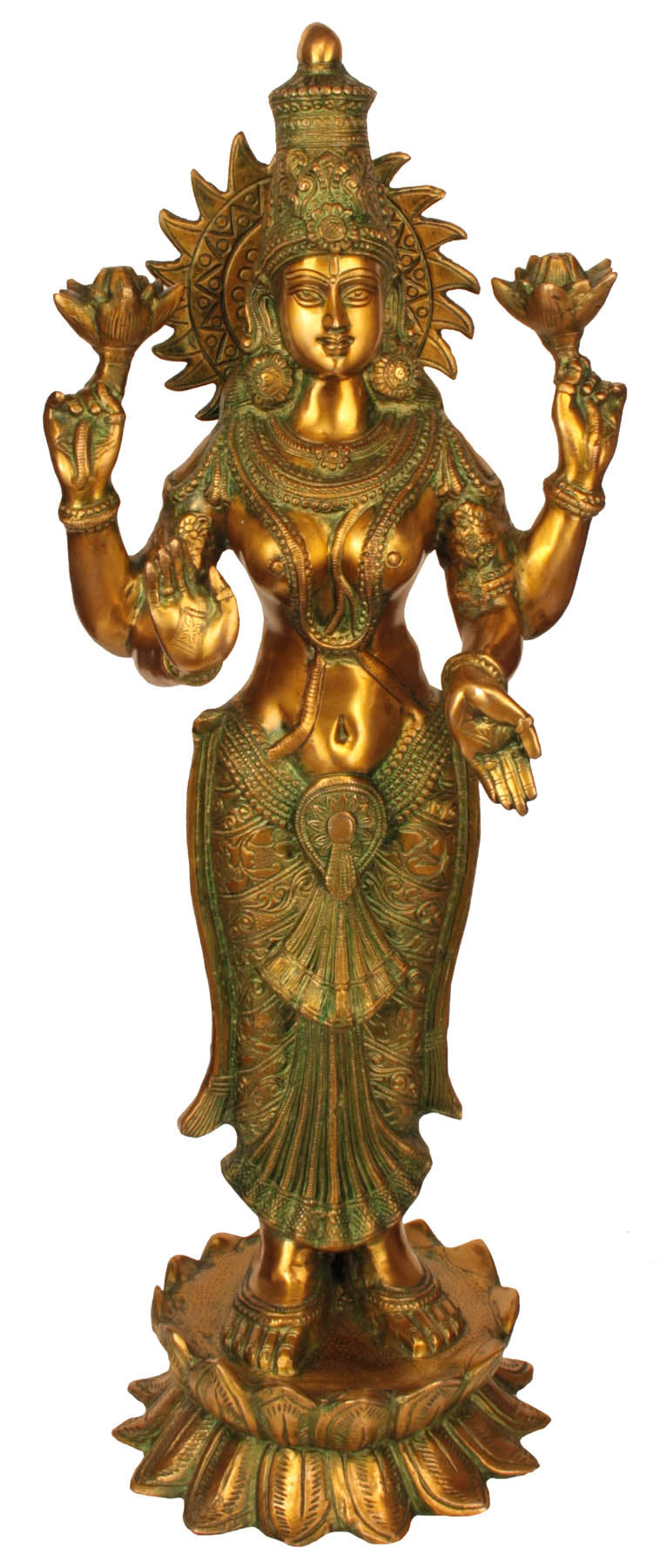 31" Four-Armed Goddess Lakshmi Handmade Brass Idol