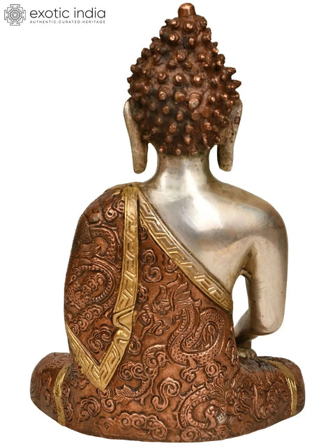 9" Brass Buddha Statue in Bhumisparsha Mudra (Robes Decorated with Dragons) | Handmade | Made in India