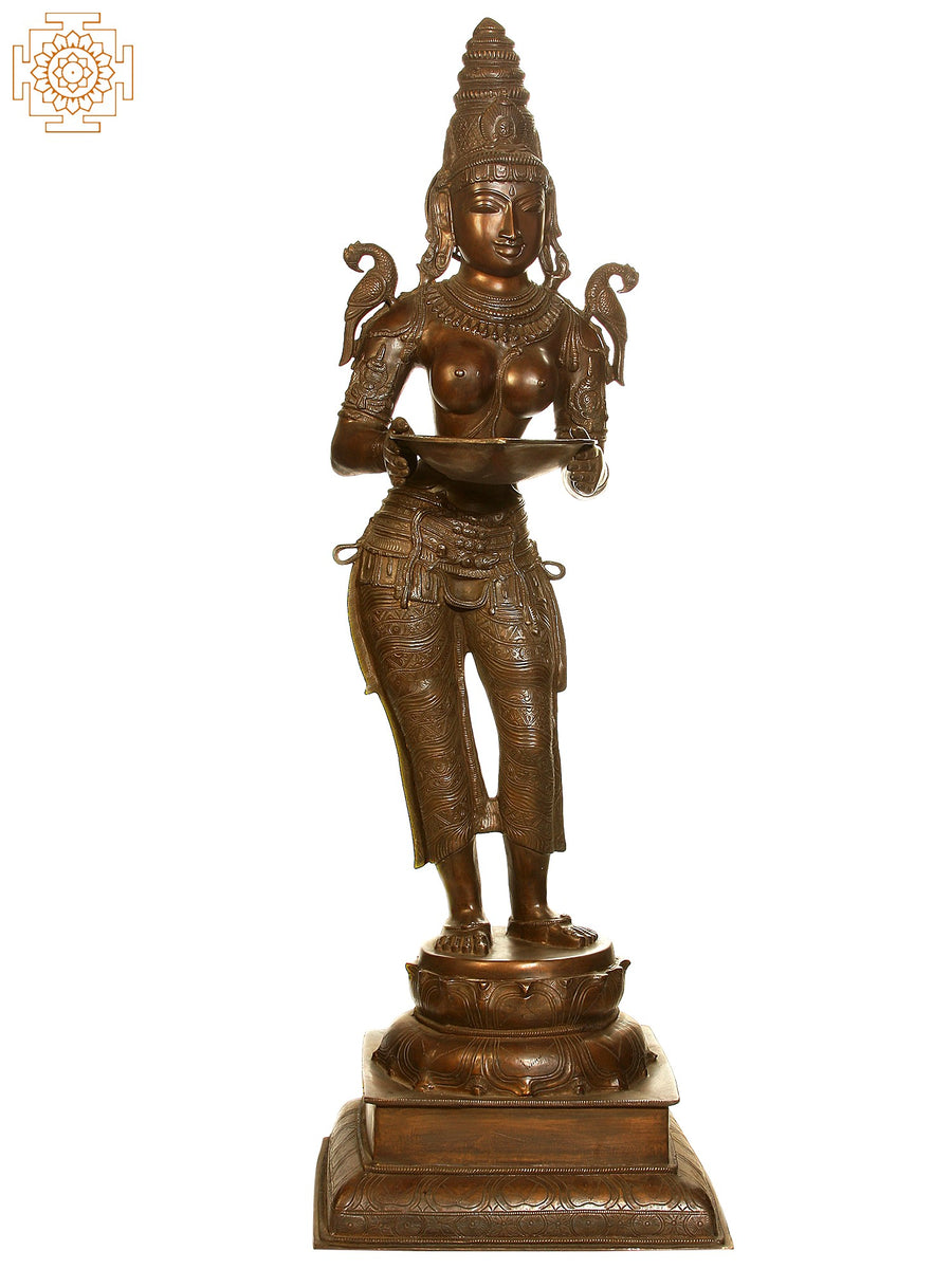 51" Deepalakshmi Woman with Lamp Brass Statue Handmade