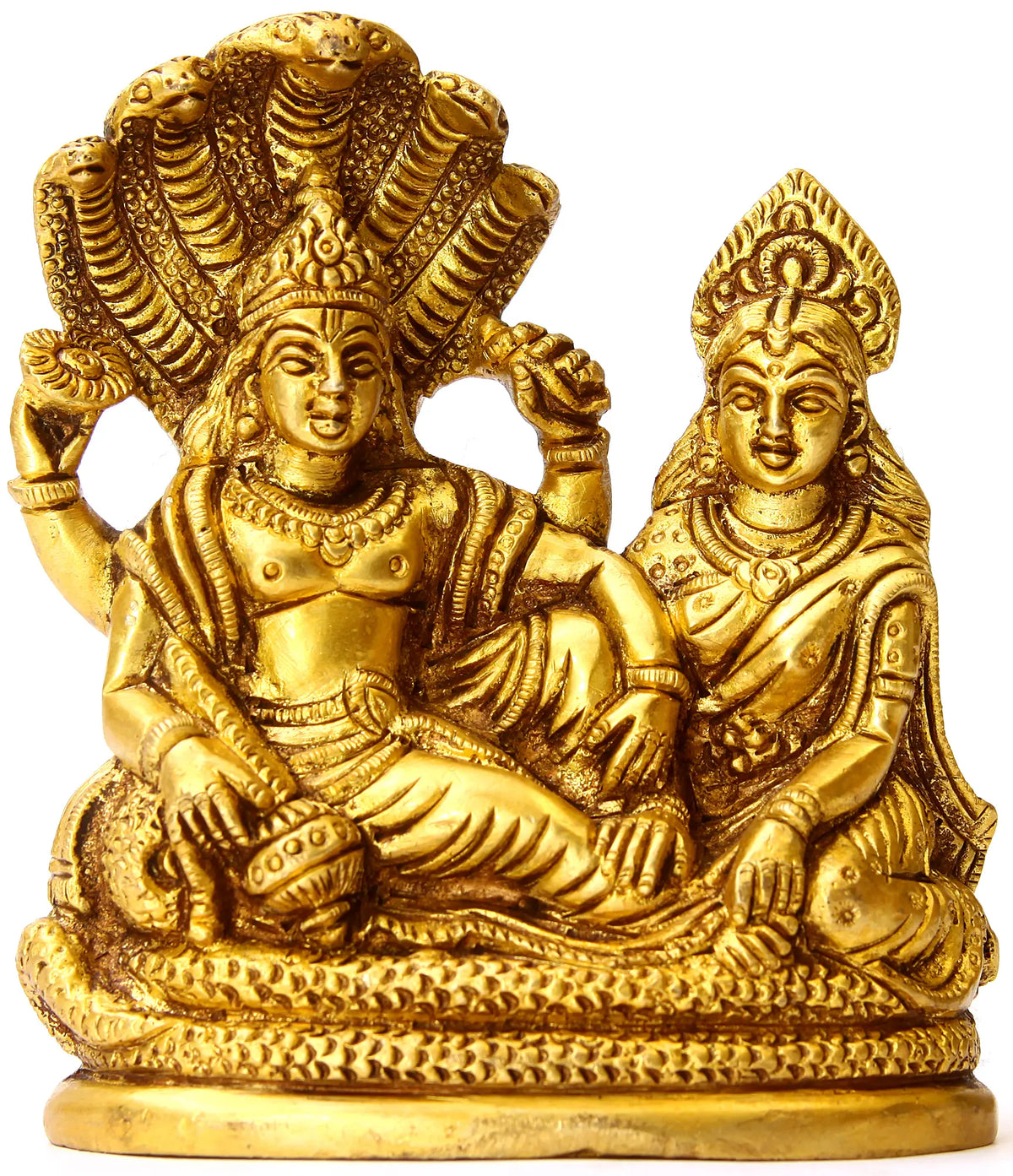4" Lord Vishnu and Lakshmi Ji Idol Seated on Sheshnag in Brass