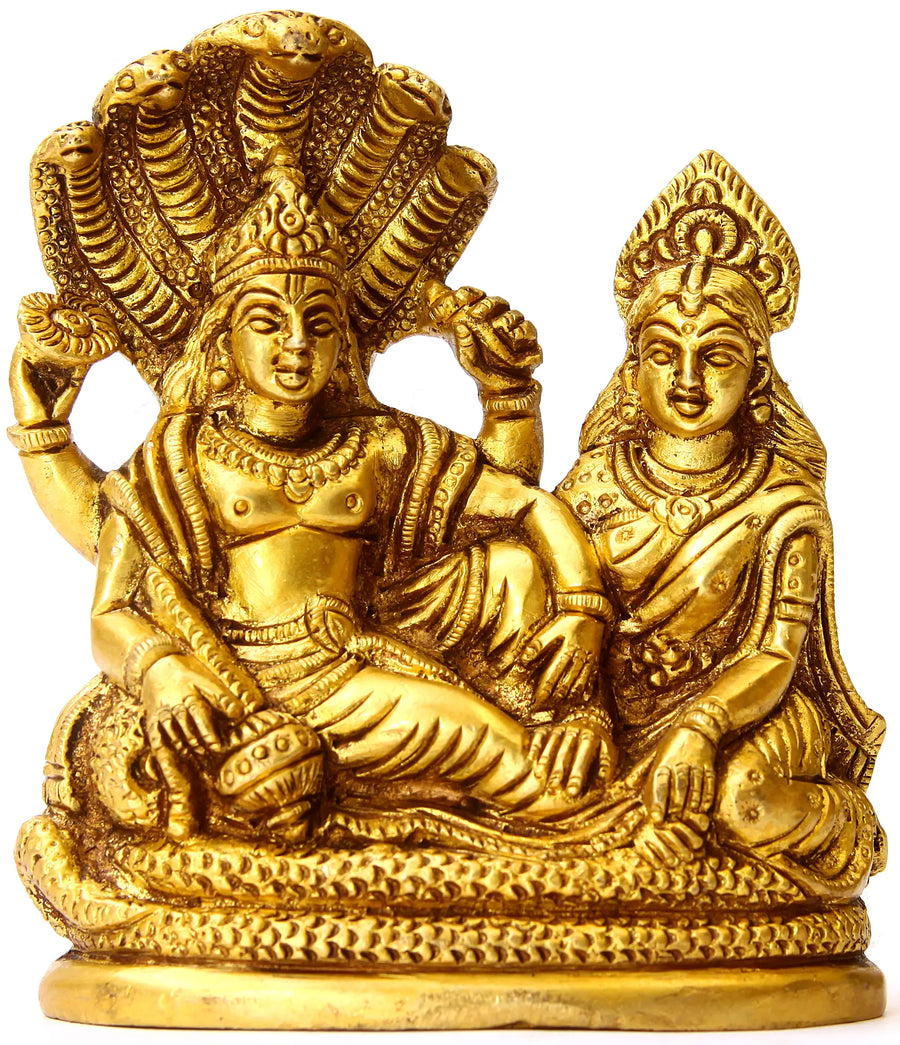 4" Handmade Lord Vishnu and Lakshmi Brass Idol on Sheshnag