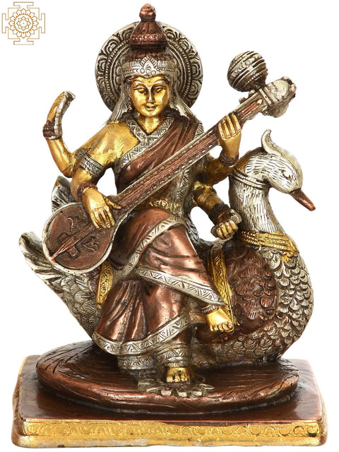 7" Brass Goddess Saraswati Idol Seated on Swan (In Triple Hues) | Handmade | Made in India